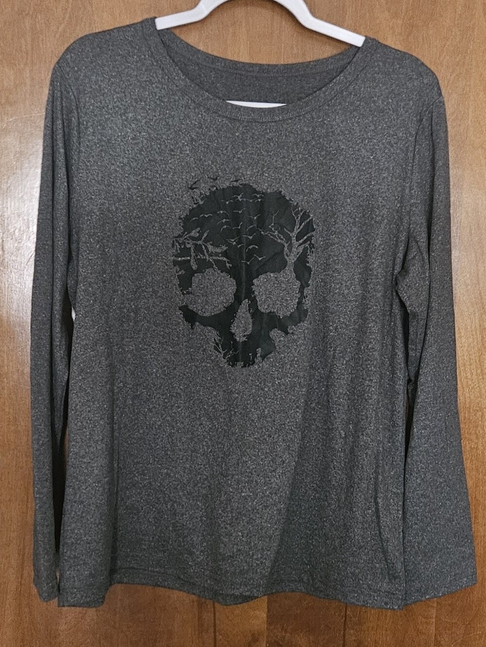 Dark Gray Long Sleeve Tee with Black Skull Graphic